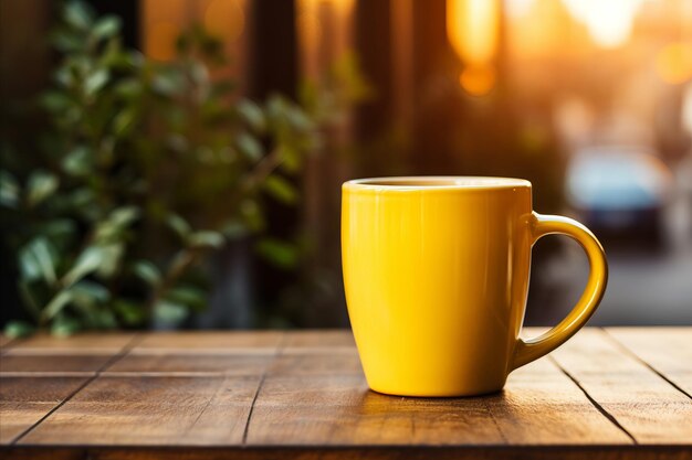 A yellow coffee mug on the table into which sunlight penetrates perfect for adding your text