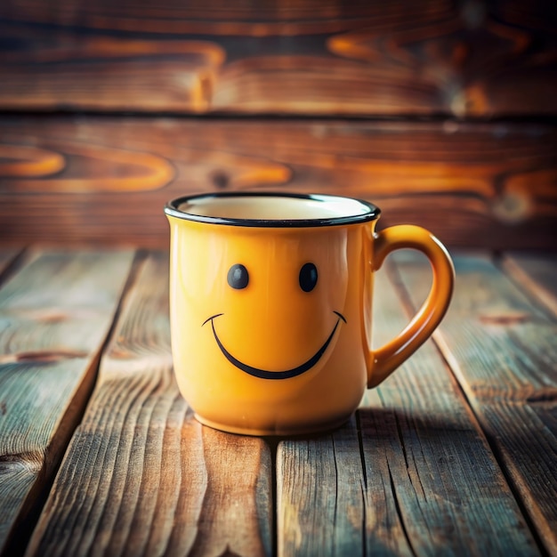 a yellow coffee mug with smiley face on it