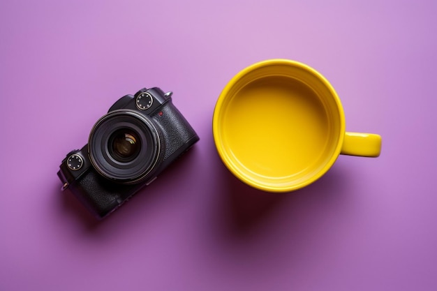 A yellow coffee mug and a yellow camera on a purple background flat lay