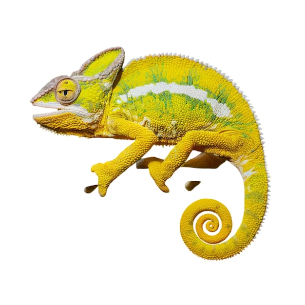 Photo yellow color chameleon with its tail curled isolated on white background