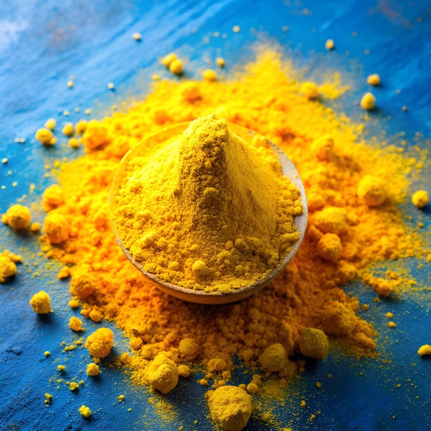 Yellow color holi powder covered blue Background