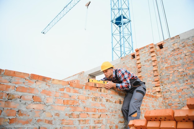 Yellow colored hard hat Young man working in uniform at construction at daytime