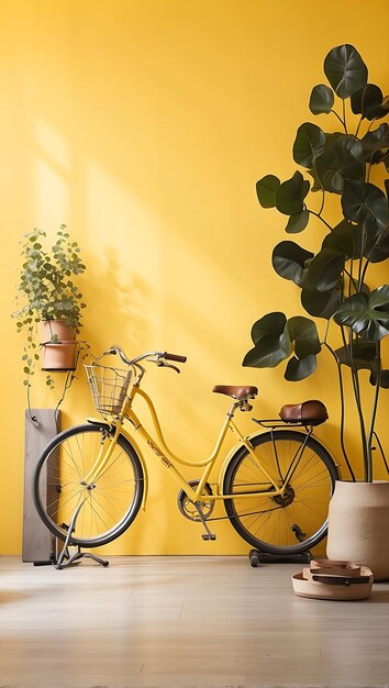 Yellow colored wall standing bi cycle and trees for interior design