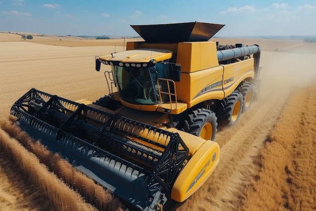 Yellow Combine harvester in the field in summer aerial view