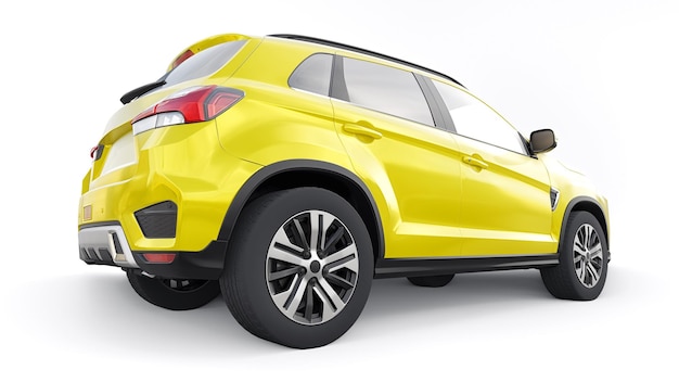 Yellow compact urban SUV on a white uniform background with a blank body for your design 3d rendering