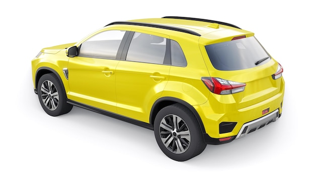 Yellow compact urban SUV on a white uniform background with a blank body for your design 3d rendering