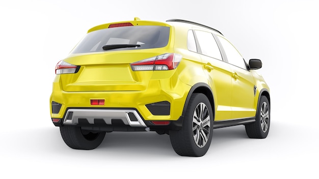 Yellow compact urban SUV on a white uniform background with a blank body for your design 3d rendering