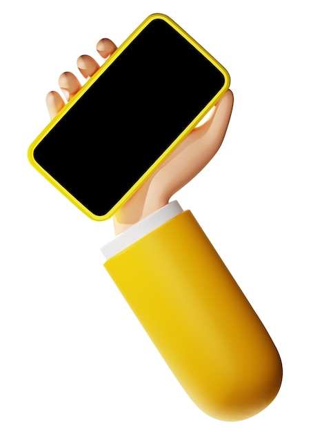 Yellow concept 3D rendering cartoon hand holding empty screen mobile phone mockup illustration