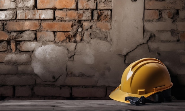 Yellow construction helmet on the floor with a sign saying " construction worker ".