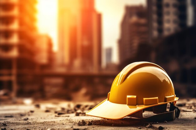 Yellow construction helmet on urban background Safety concept for workers Copy space