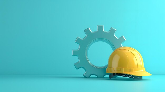 Photo yellow construction helmet with blue gears on light blue background