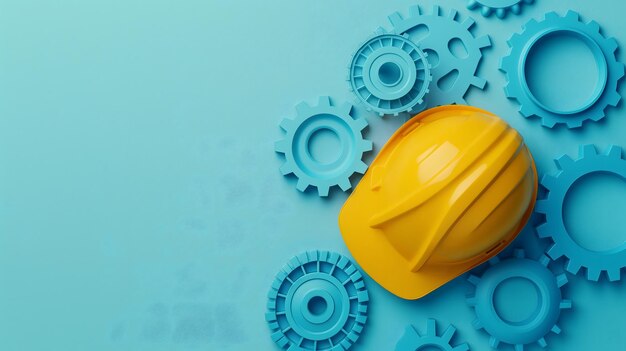 Photo yellow construction helmet with blue gears on light blue background