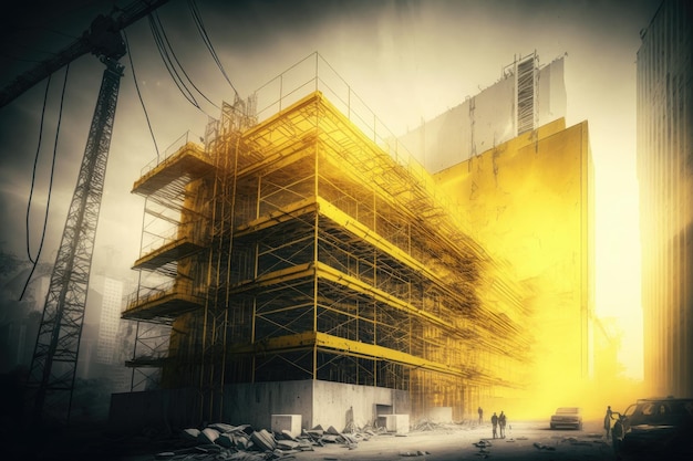 Yellow construction site scaffolding near building against backdrop of modern city created with gene