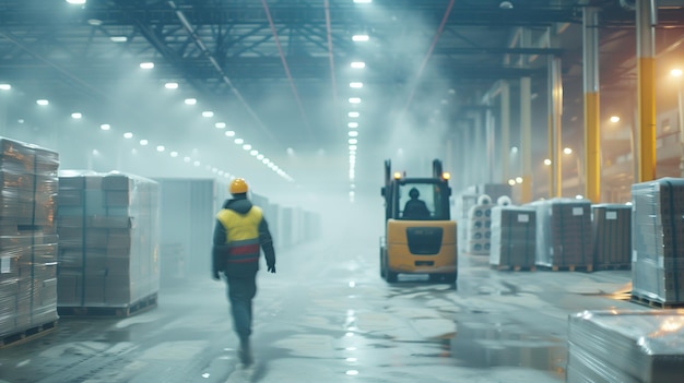 a yellow construction vehicle is in a warehouse with smoke coming out of it