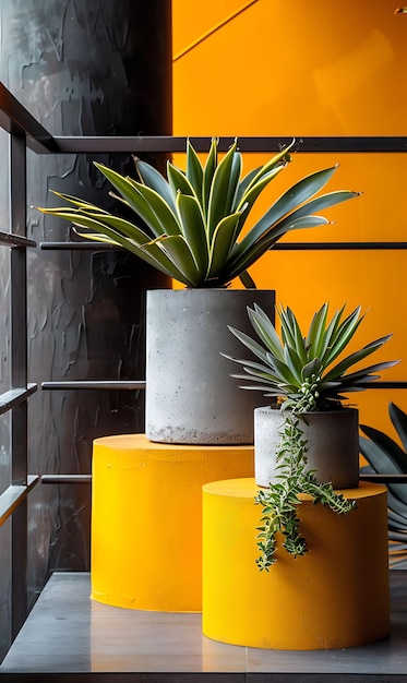 Photo a yellow container with a green plant inside of it