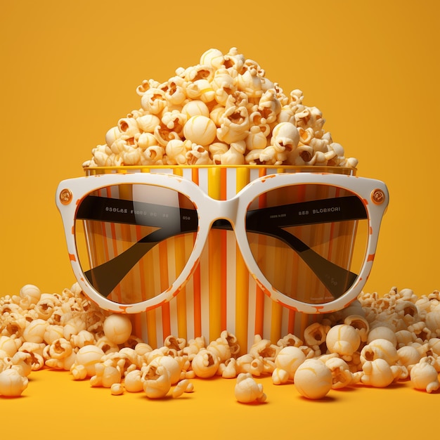 A yellow container with popcorn and sunglasses