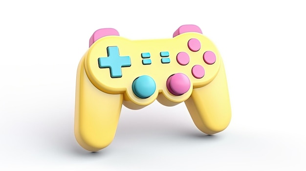 A yellow controller with blue and pink buttons