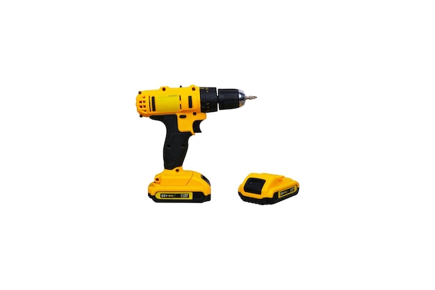 Yellow cordless drill and battery spare isolated on white background with clipping path