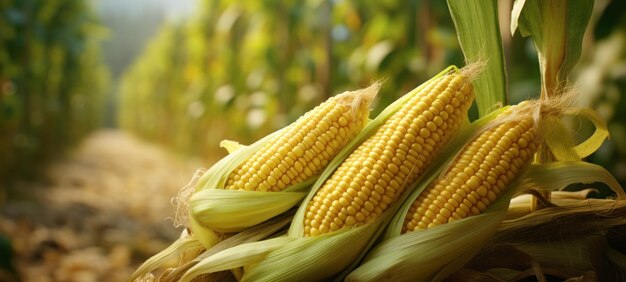 yellow corn still on the cob growing in a healthy green field showcasing the raw beauty of organic sweetcorn a nutritious and delicious vegetable from the farm