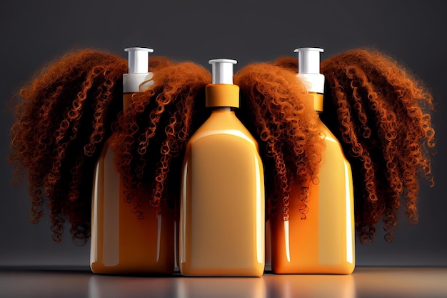 Yellow cosmetic shampoo and gel bottles beauty set with care for thick curly hair illustration Generative AI