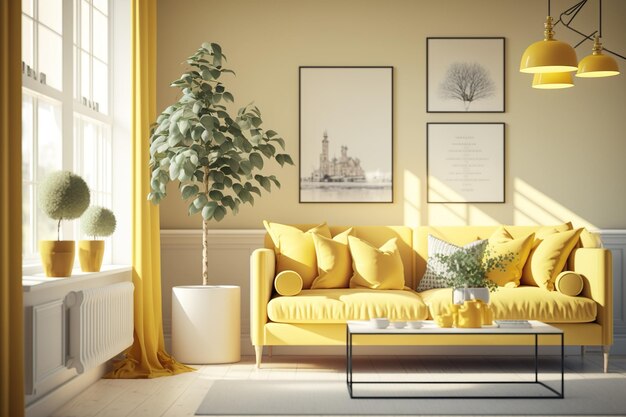 A yellow couch in a living room with a window that says home