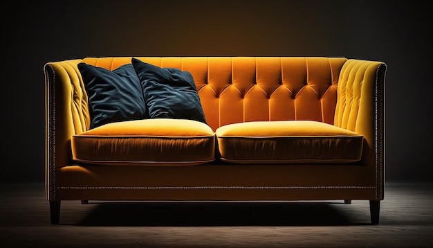 A yellow couch with a blue pillow on it