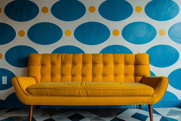 Photo a yellow couch with a blue and white background with a blue and white pattern