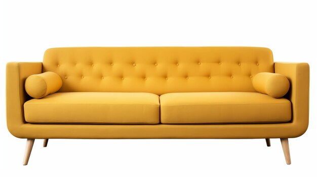 A yellow couch with a buttoned back sits against a white background.