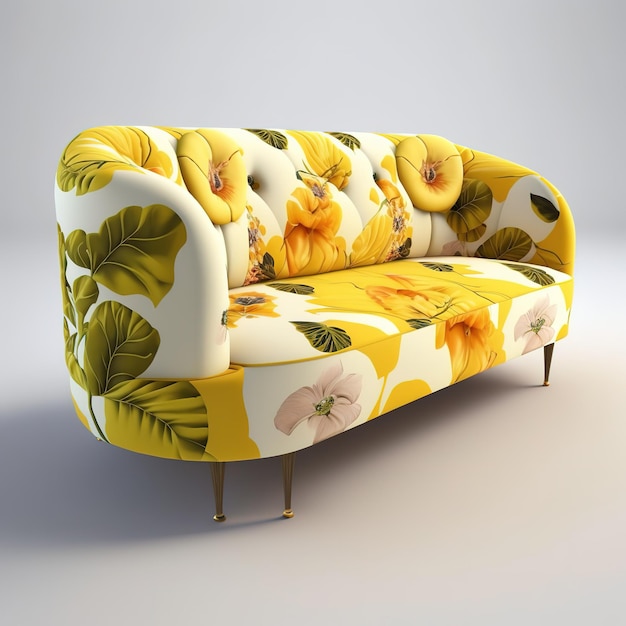 A yellow couch with a floral pattern on it