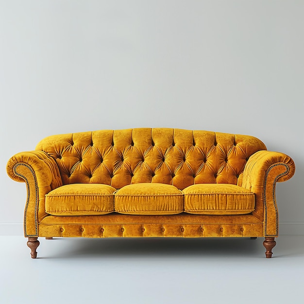 a yellow couch with a gold cushion sits against a white wall