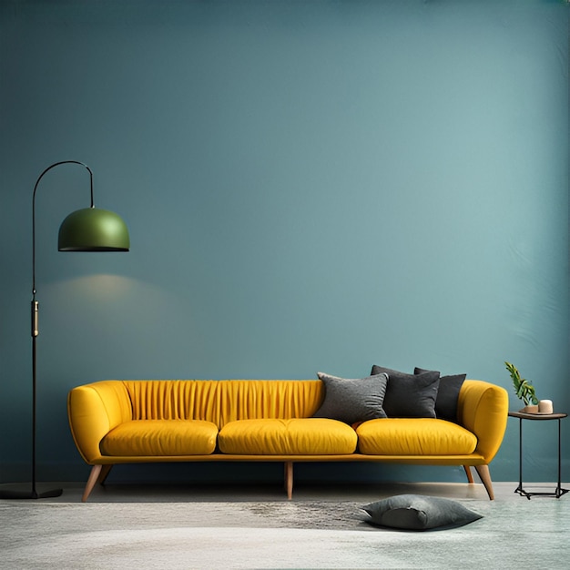 a yellow couch with a green lamp on the side