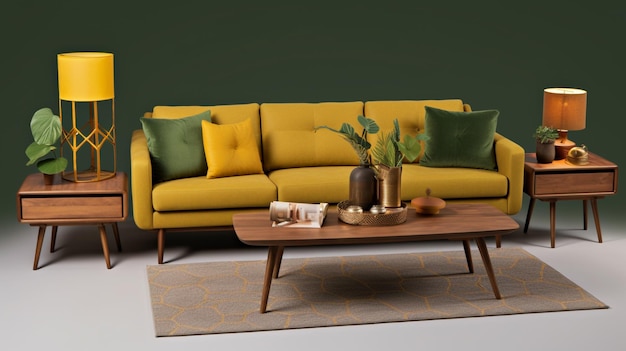 yellow couch with green pillows and a table with two lamps generative ai