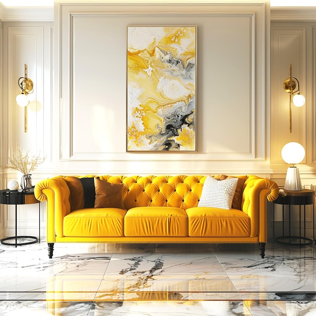 a yellow couch with a painting on the wall and living room decor interior design with cozy sofa