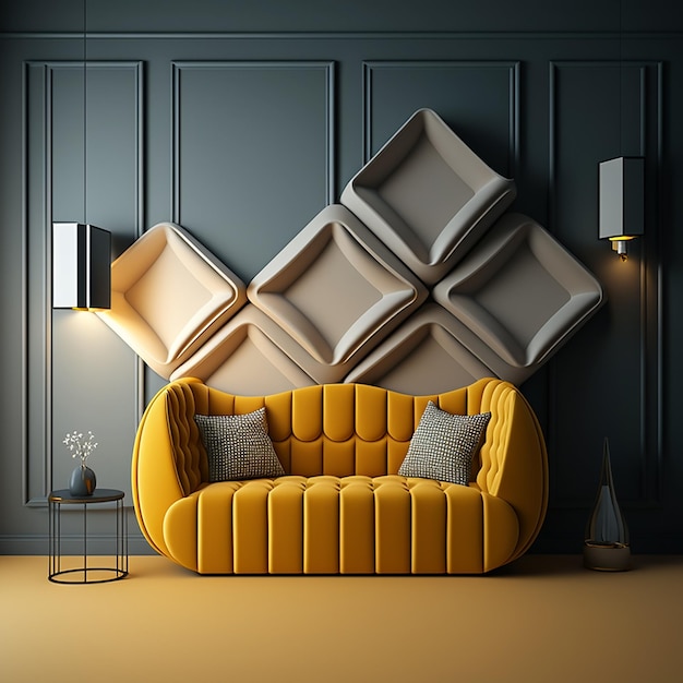 A yellow couch with pillows on it in a room with a wall behind it.