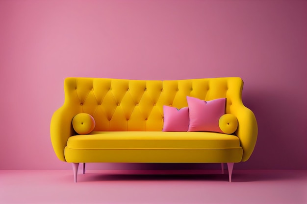 A yellow couch with a pink pillow on it in a pink room.