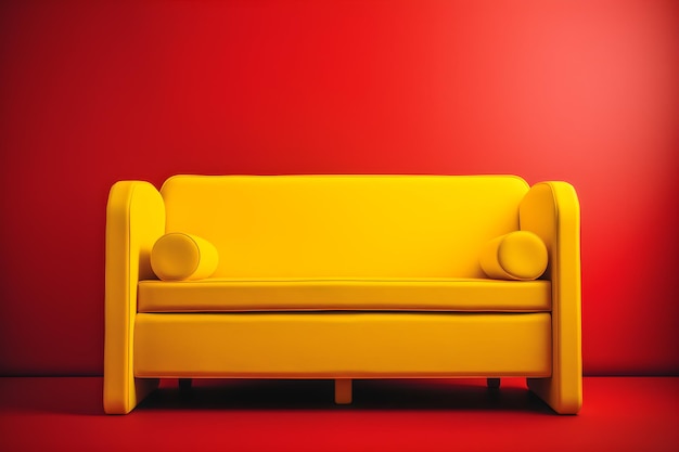 A yellow couch with a red background