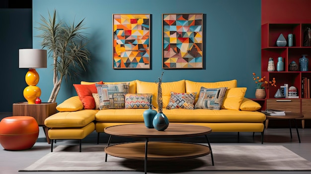 a yellow couch with a yellow couch and a painting on the wall