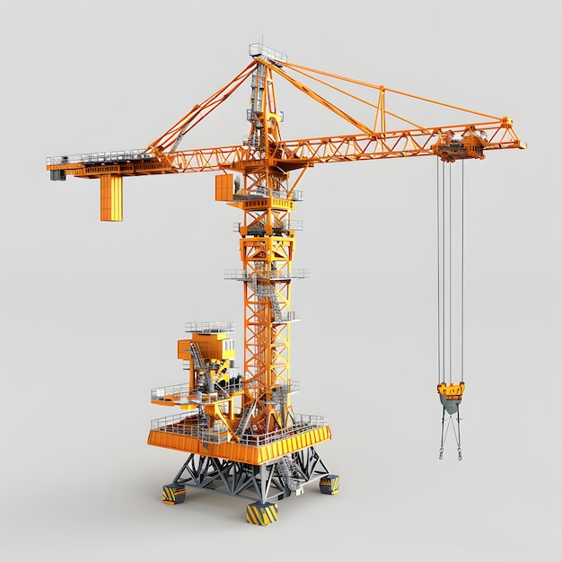 Photo a yellow crane with a large orange piece of equipment attached to it