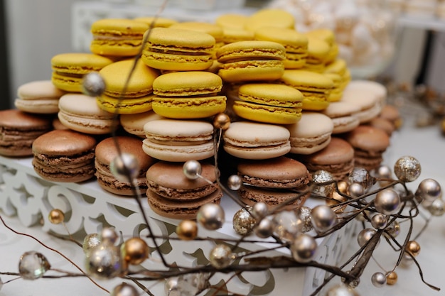 Yellow and cream macaroon closeup. Candy bar