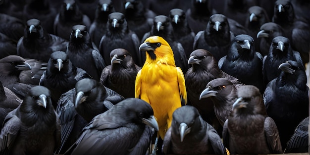 A yellow crow alone among a crowd of black crows concept of standing out from the crowd as a leader