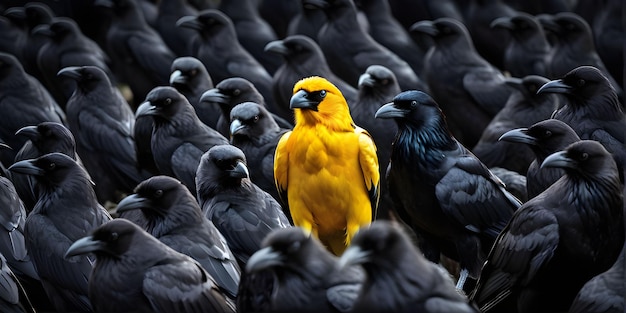 A yellow crow alone among a crowd of black crows concept of standing out from the crowd as a leader