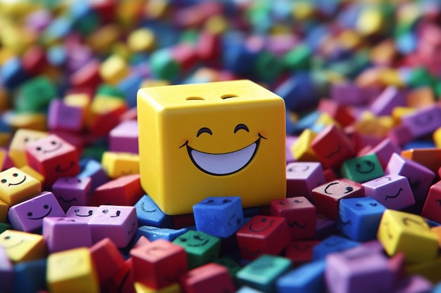 Photo a yellow cube with a smiley face on it with a smiley face on it