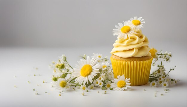 Yellow cup cake with wild white flowers isolated on white background