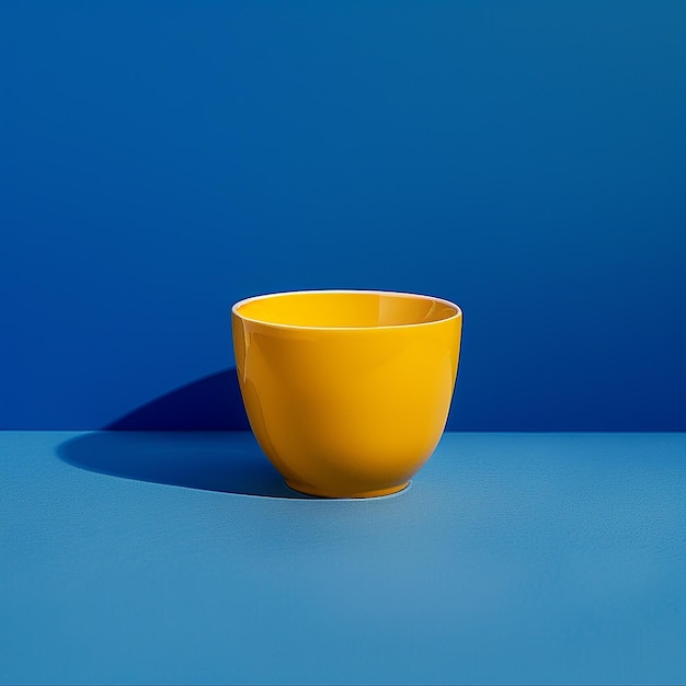 a yellow cup is on a blue table