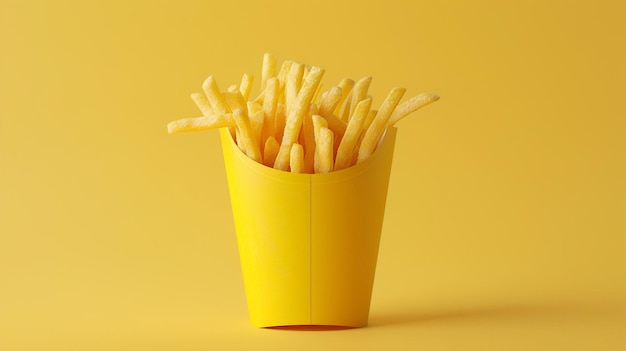 a yellow cup with french fries in it that is yellow