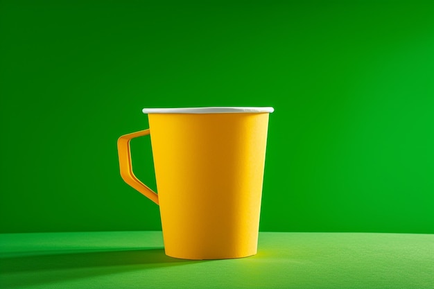 a yellow cup with the lid open is on a green background