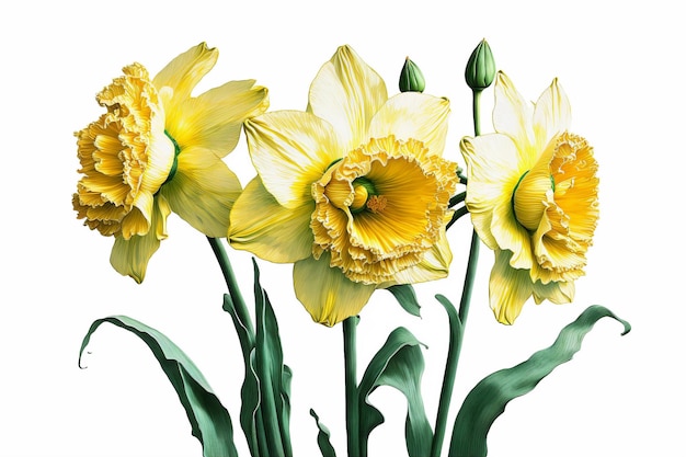 Yellow daffodils flowers isolated on white background digital fine art