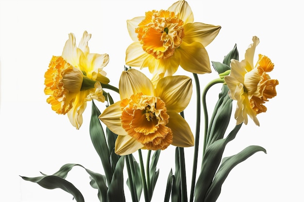 Yellow daffodils flowers isolated on white background digital painting artwork