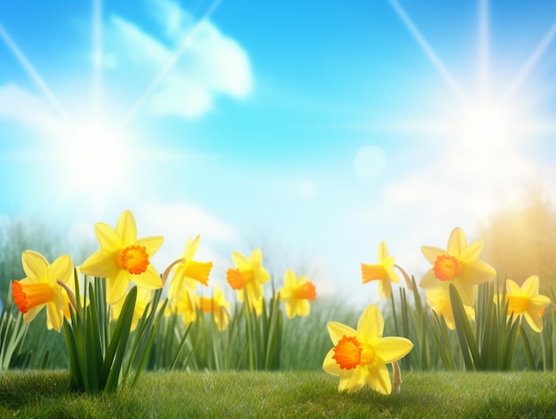 yellow daffodils with blue sky and sunlight