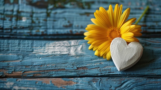 Yellow Daisy and White Heart on Blue Wooden Background